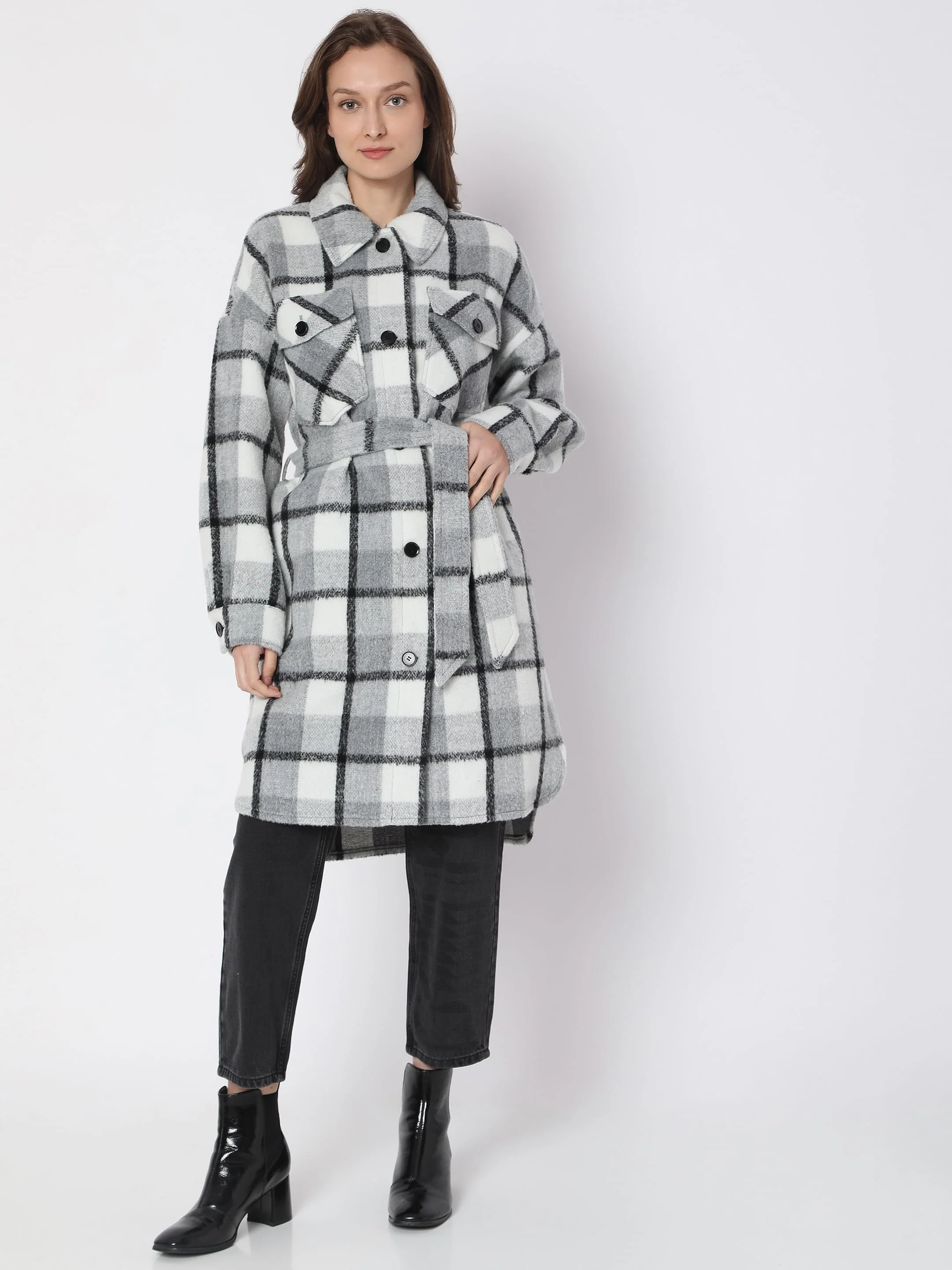 Grey Check Print Coat - Image 2