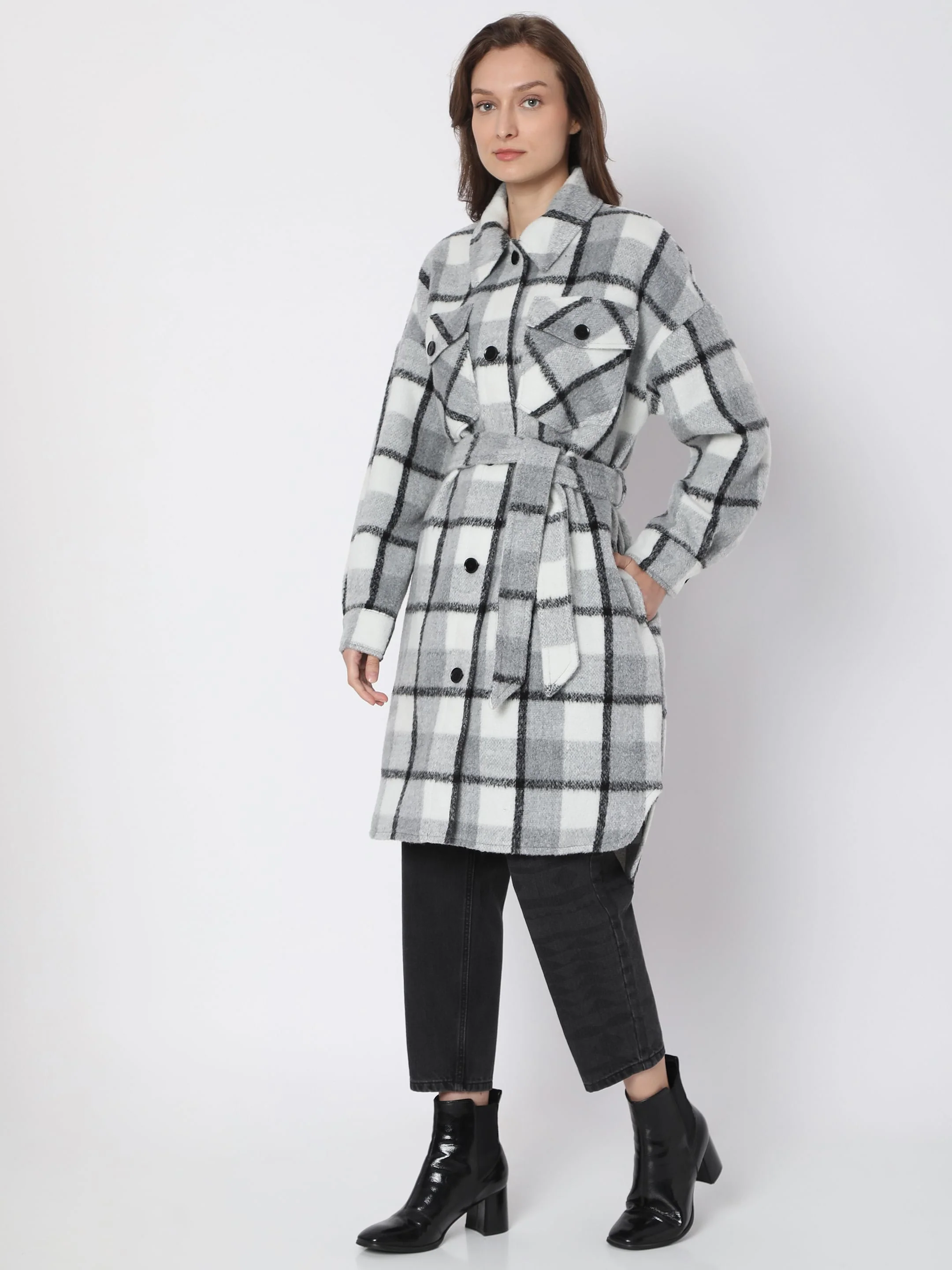 Grey Check Print Coat - Image 3