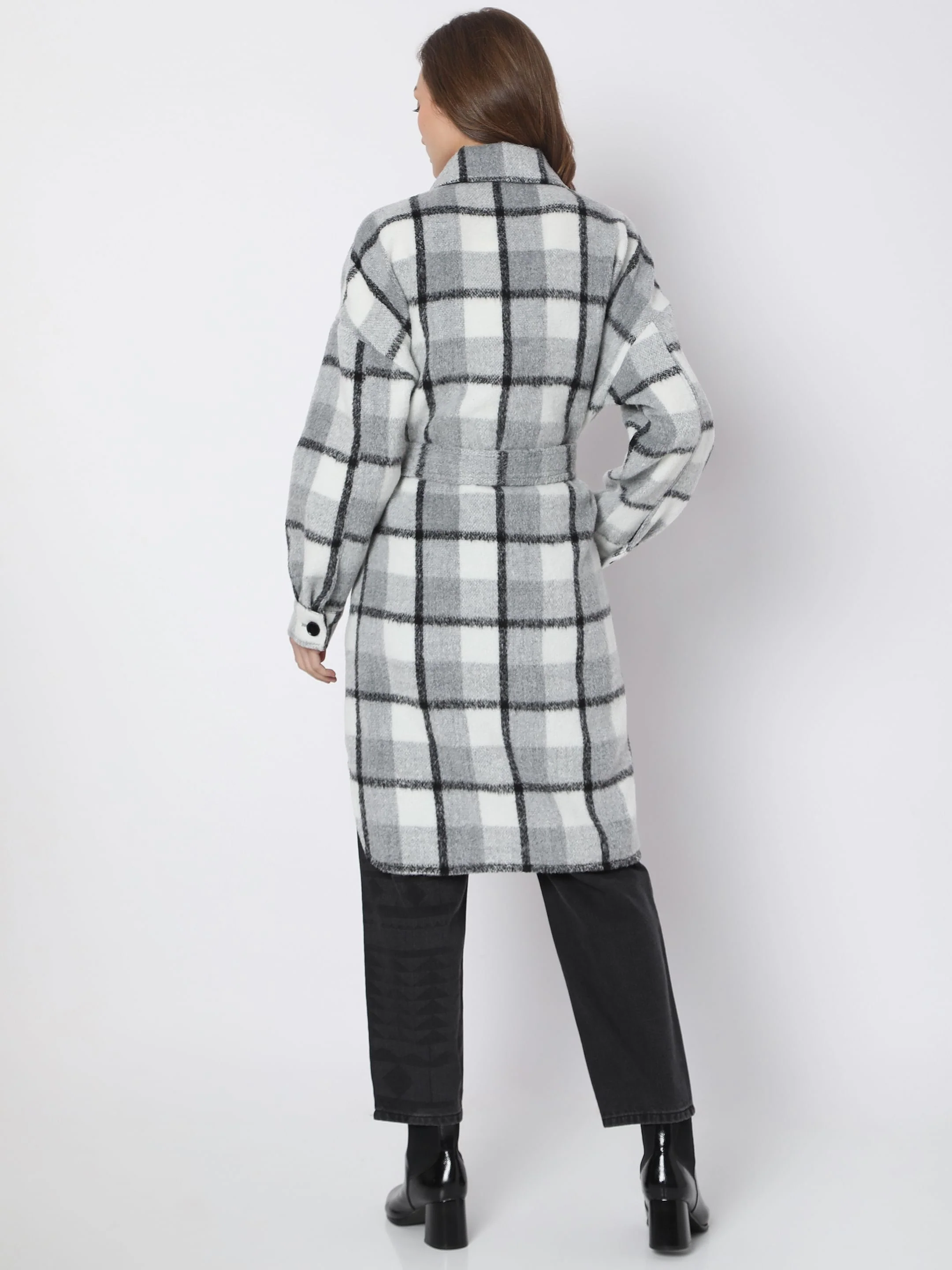 Grey Check Print Coat - Image 4