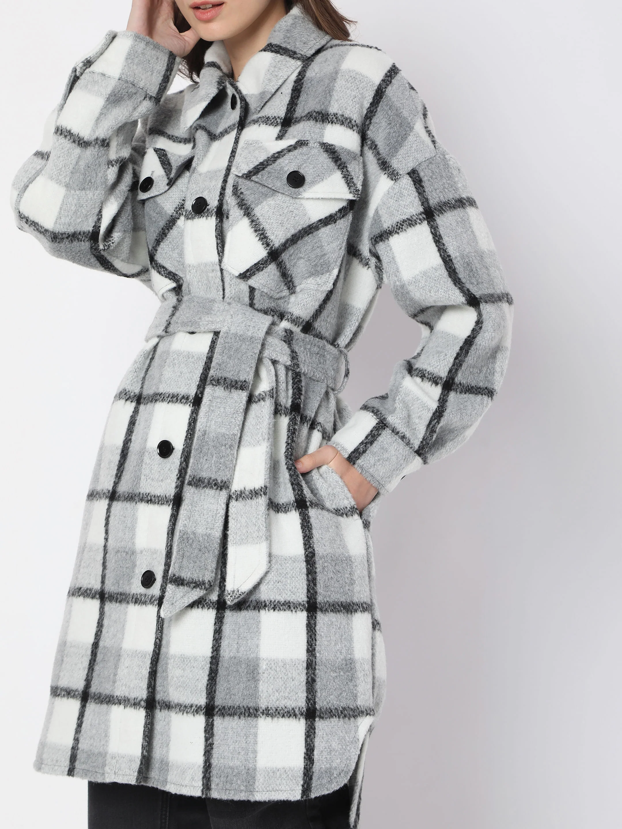 Grey Check Print Coat - Image 5