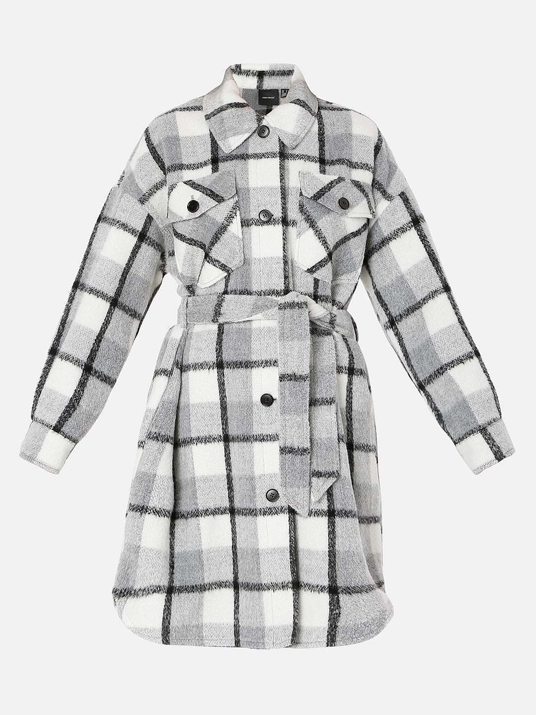 Grey Check Print Coat - Image 6