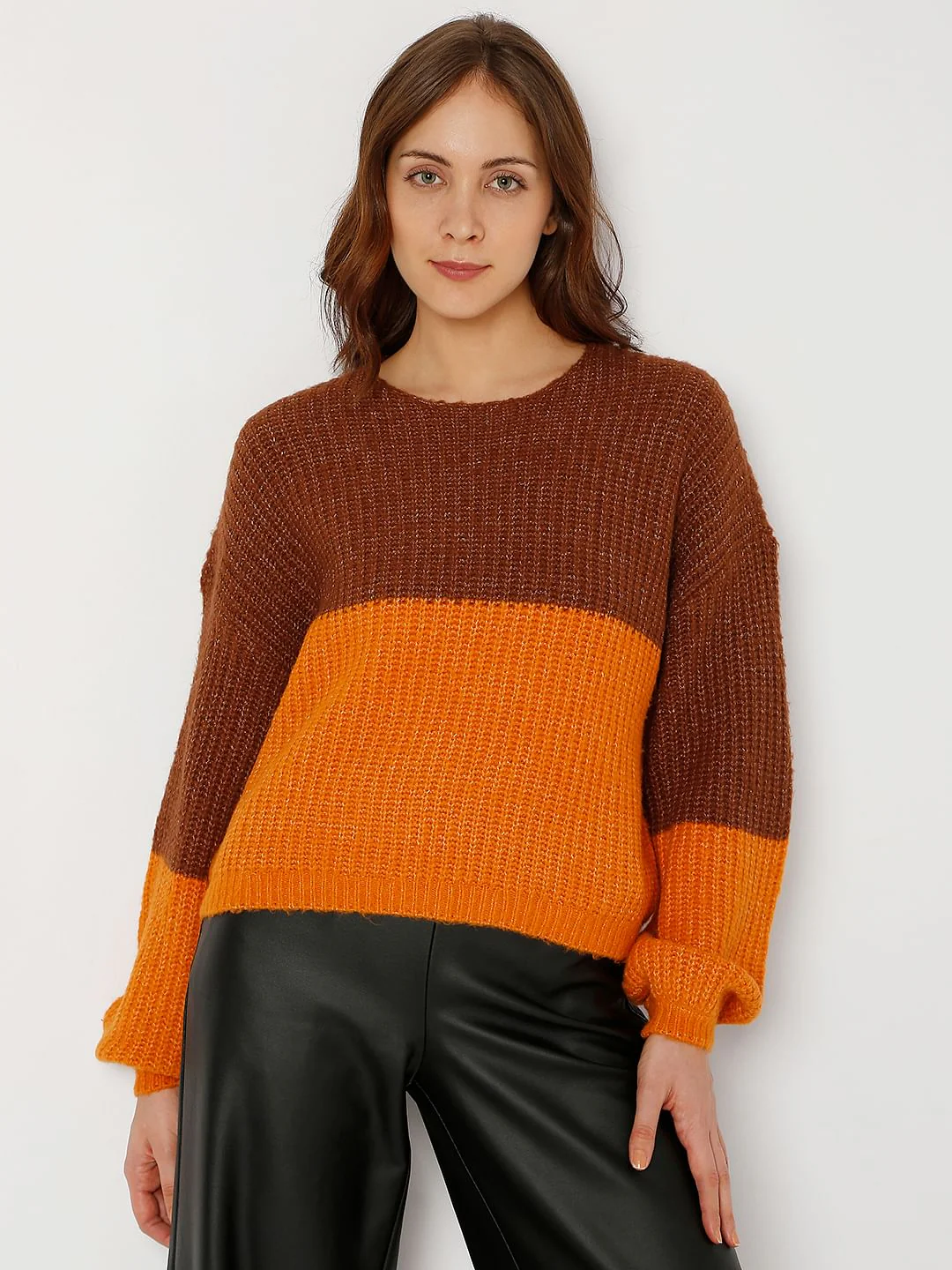Brown Colourblocked Pullover - Image 2