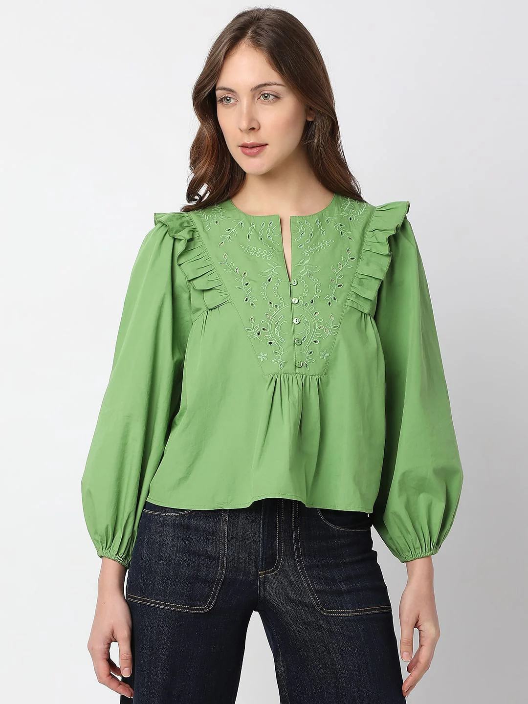 Green Embroidered Ruffle Detail Top - Image 2