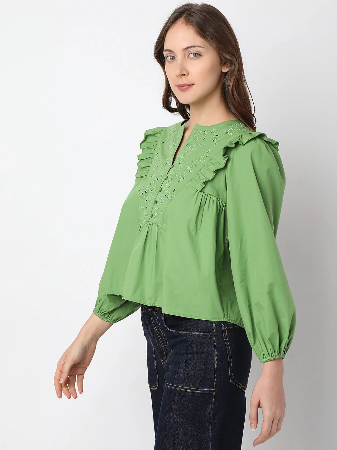 Green Embroidered Ruffle Detail Top - Image 3