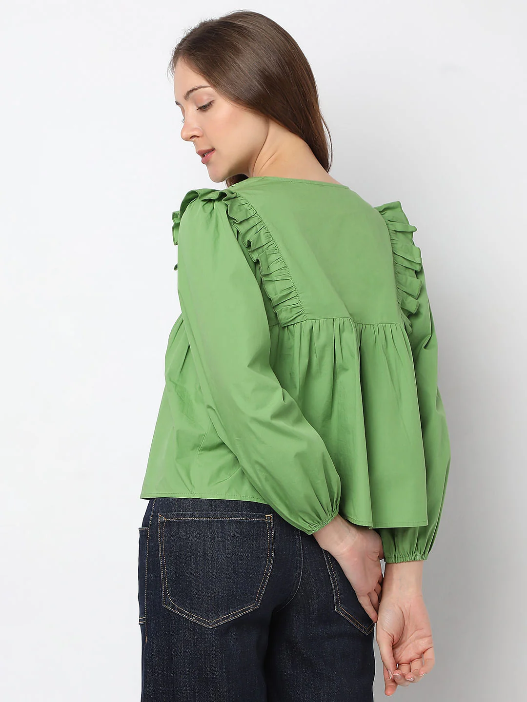 Green Embroidered Ruffle Detail Top - Image 4