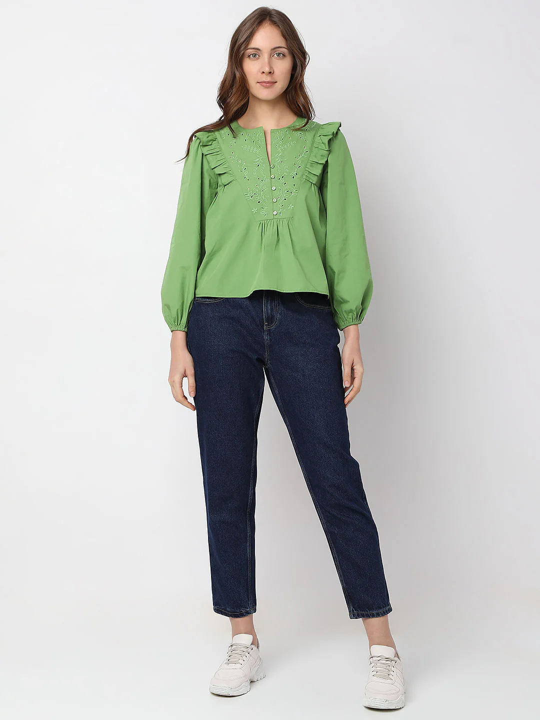 Green Embroidered Ruffle Detail Top - Image 5
