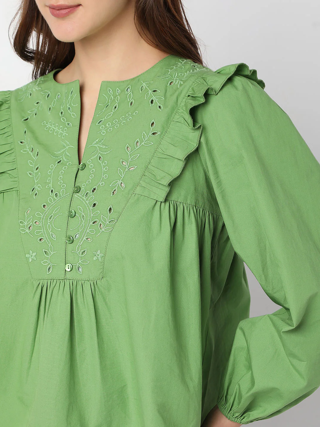 Green Embroidered Ruffle Detail Top - Image 6