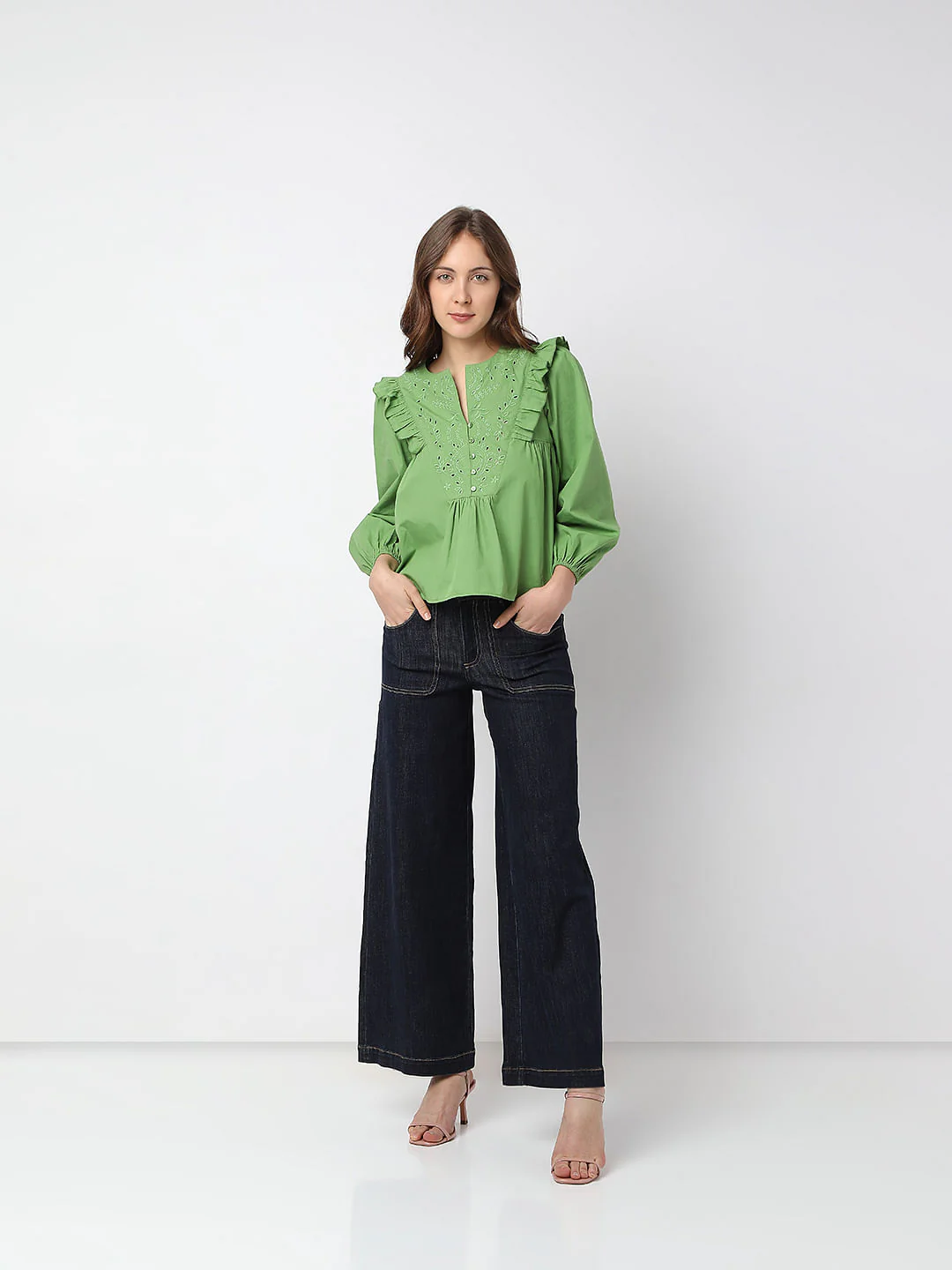 Green Embroidered Ruffle Detail Top - Image 7