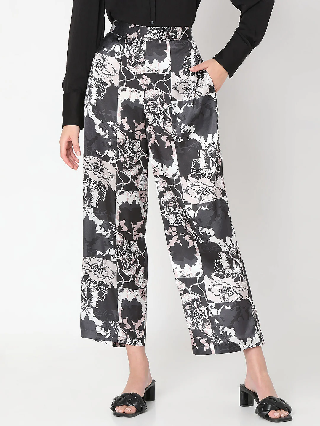 Black Floral Wide Leg Pants - Image 2