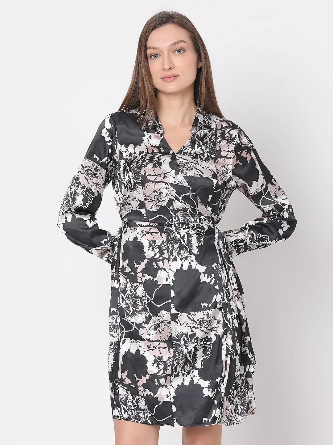 Black Floral Mock Wrap Dress - Image 2