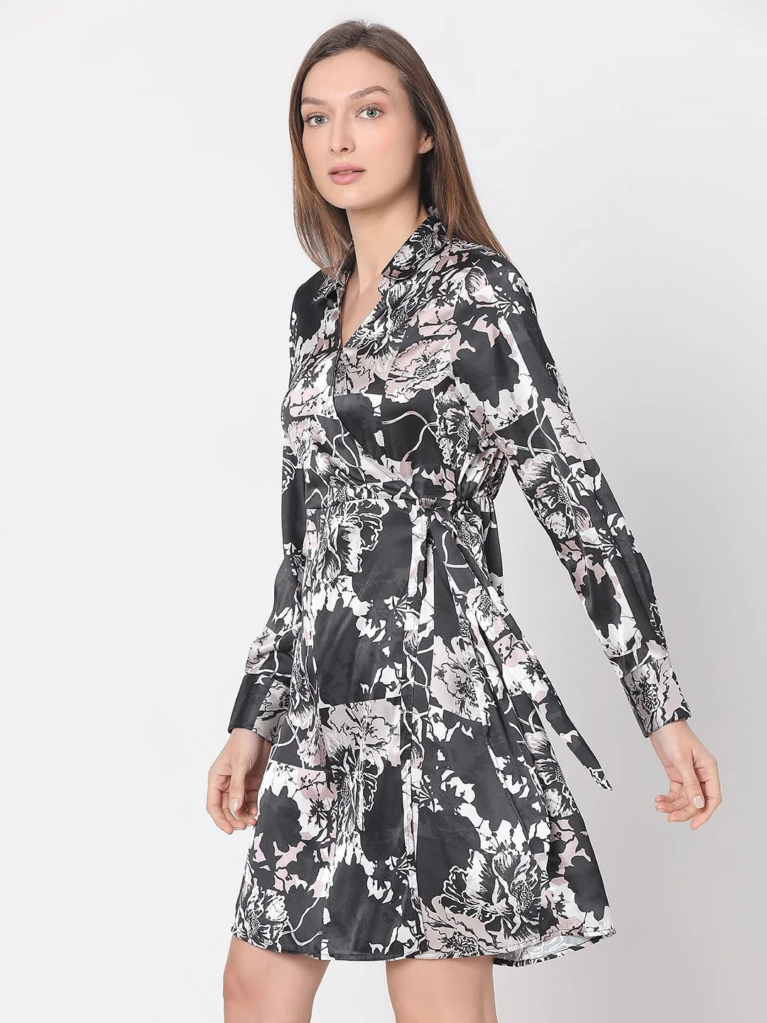 Black Floral Mock Wrap Dress - Image 3