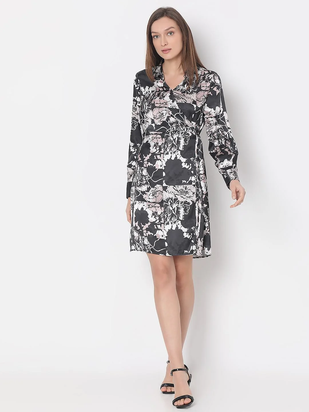 Black Floral Mock Wrap Dress - Image 5