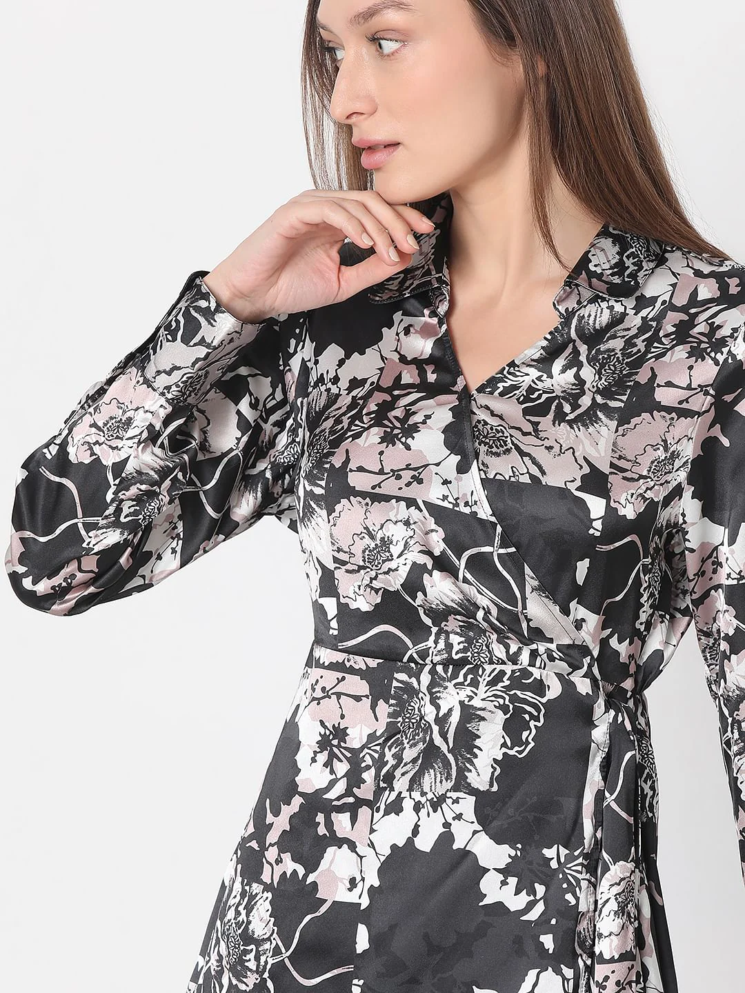 Black Floral Mock Wrap Dress - Image 6