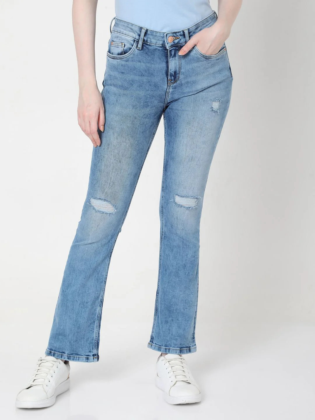Blue Mid Rise Bootcut Ripped Jeans - Image 2