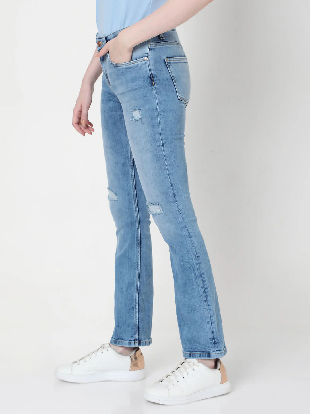 Blue Mid Rise Bootcut Ripped Jeans - Image 3