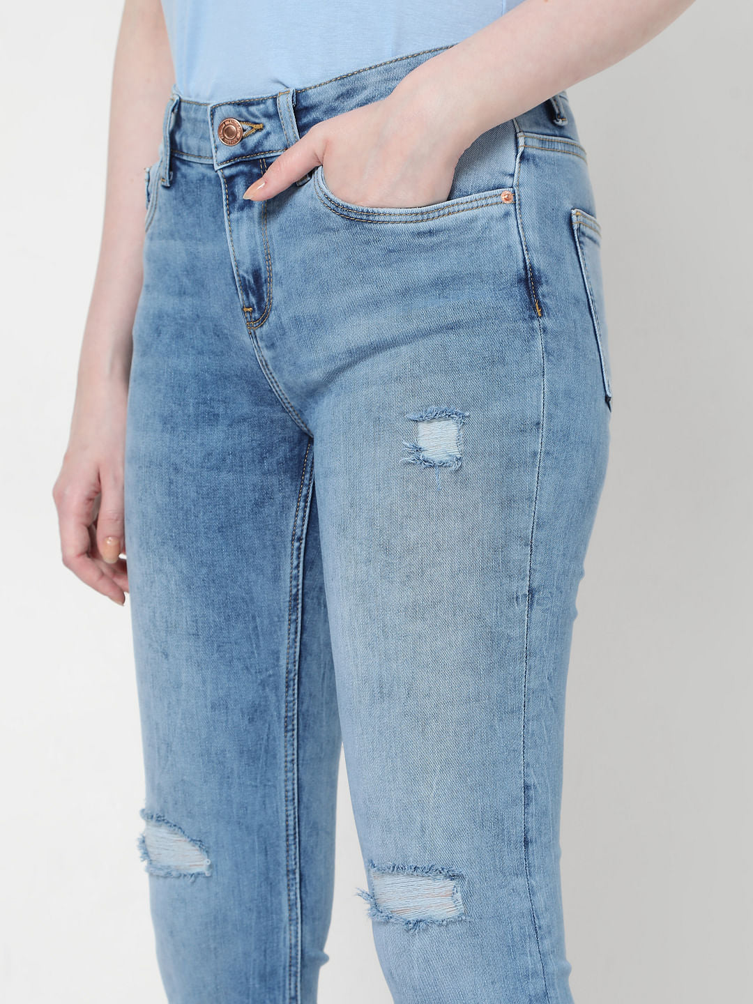 Blue Mid Rise Bootcut Ripped Jeans - Image 5