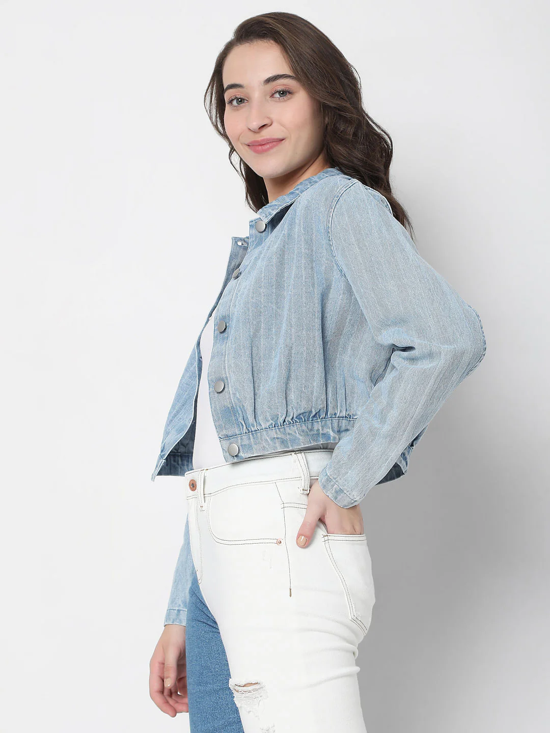 Blue Denim Cropped Jacket - Image 3