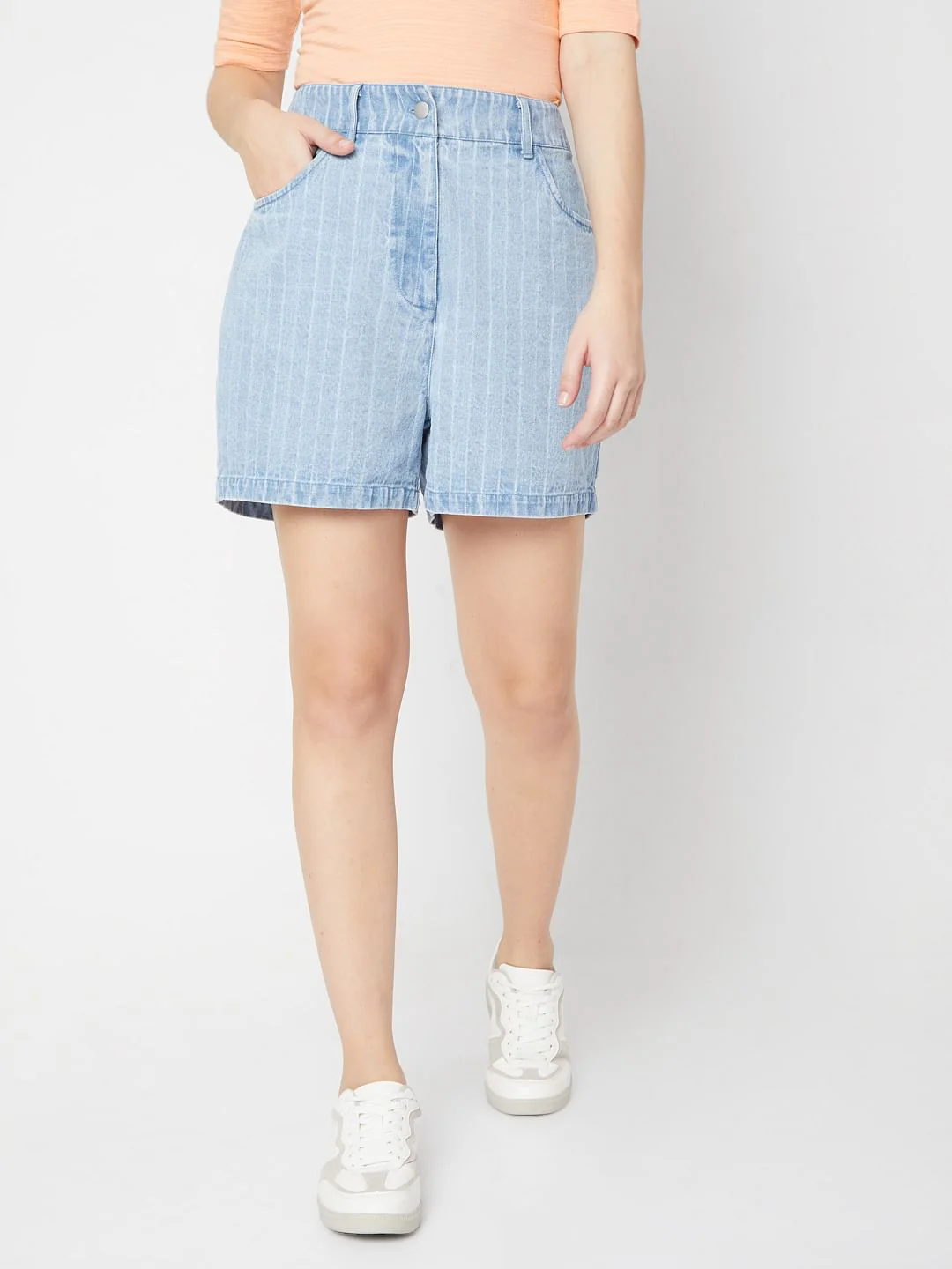 Blue High Waist Striped Denim Shorts - Image 2