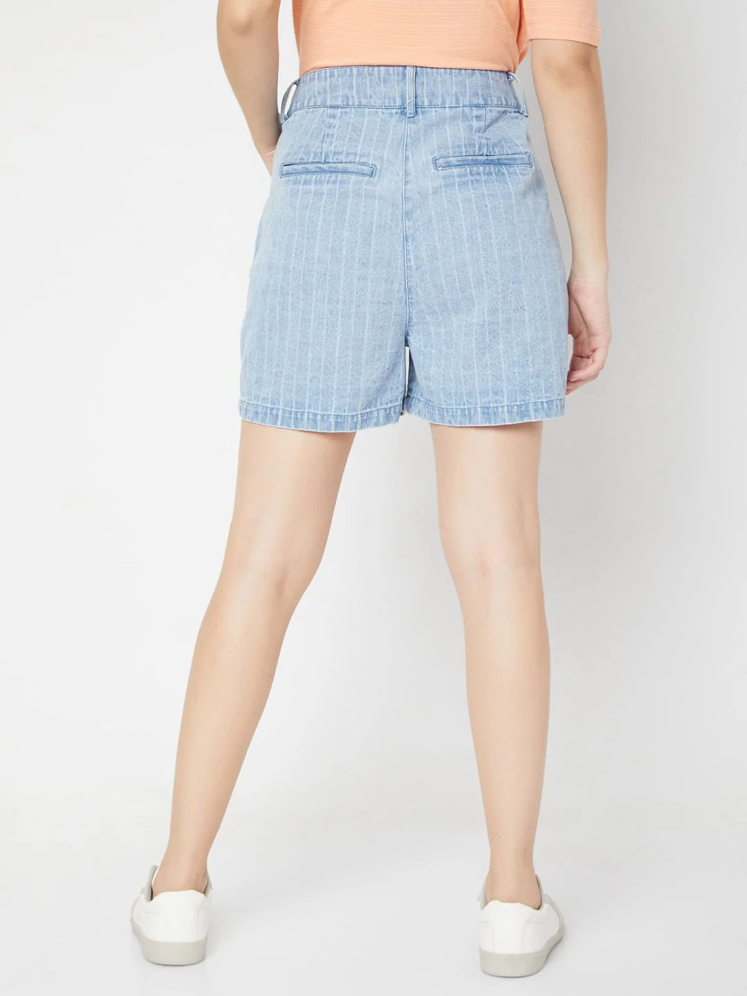 Blue High Waist Striped Denim Shorts - Image 4