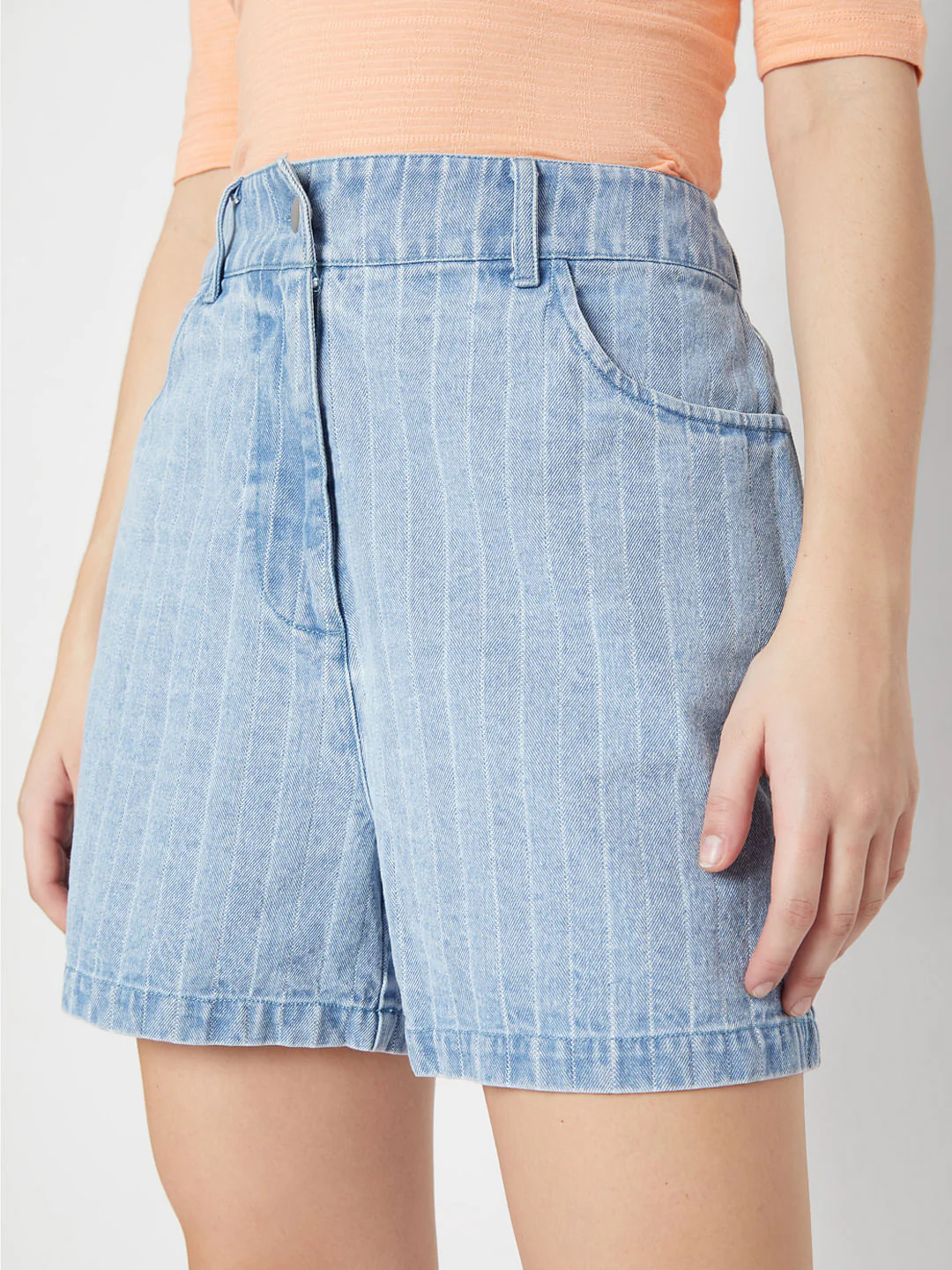 Blue High Waist Striped Denim Shorts - Image 5