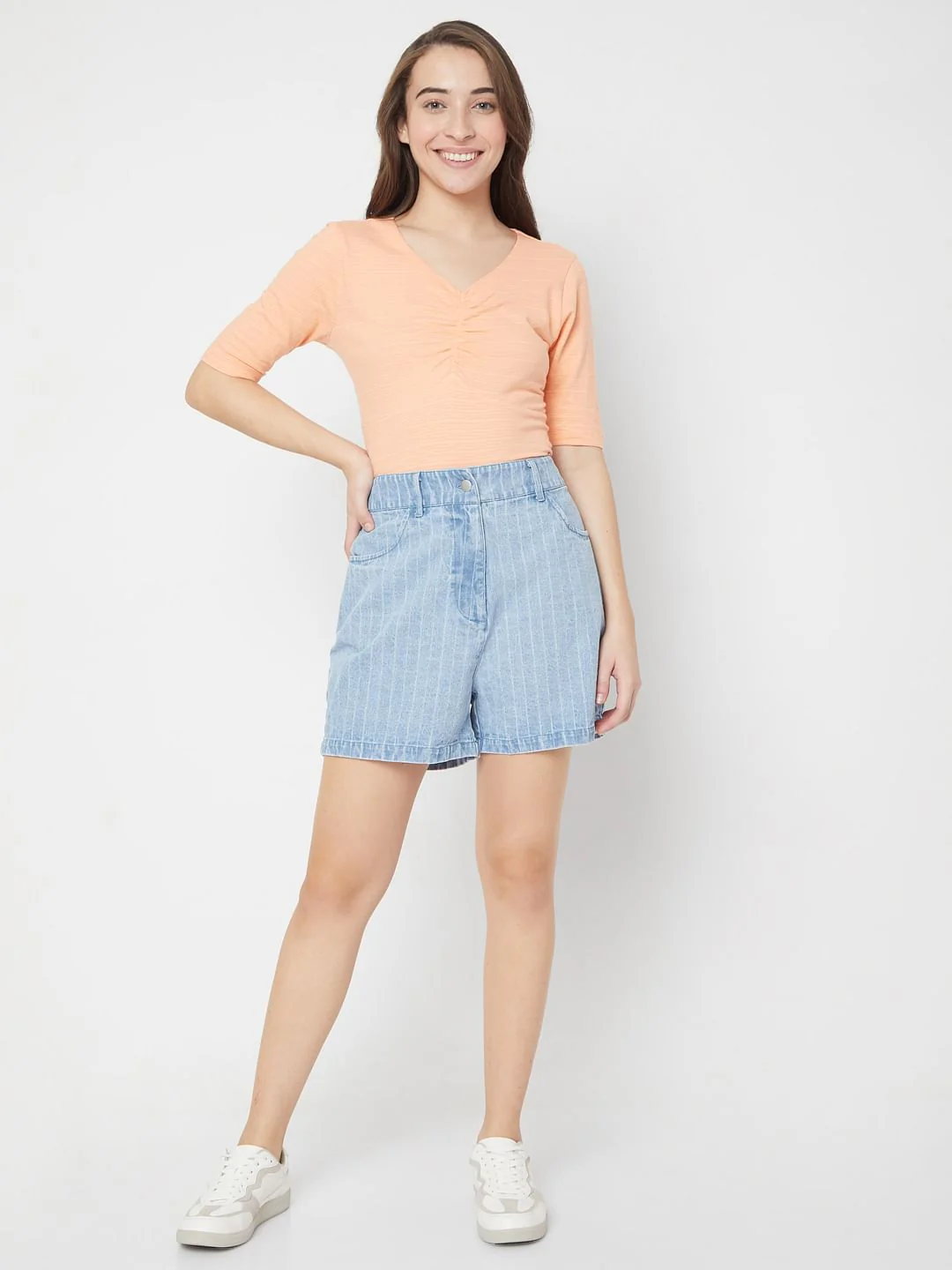 Blue High Waist Striped Denim Shorts - Image 6