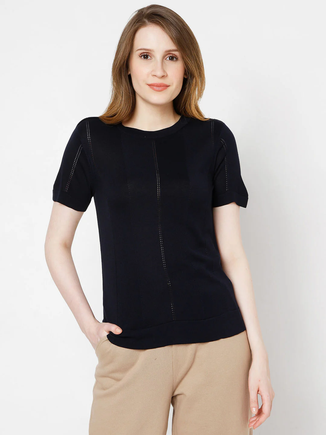 Navy Blue Textured Knit Top - Image 2