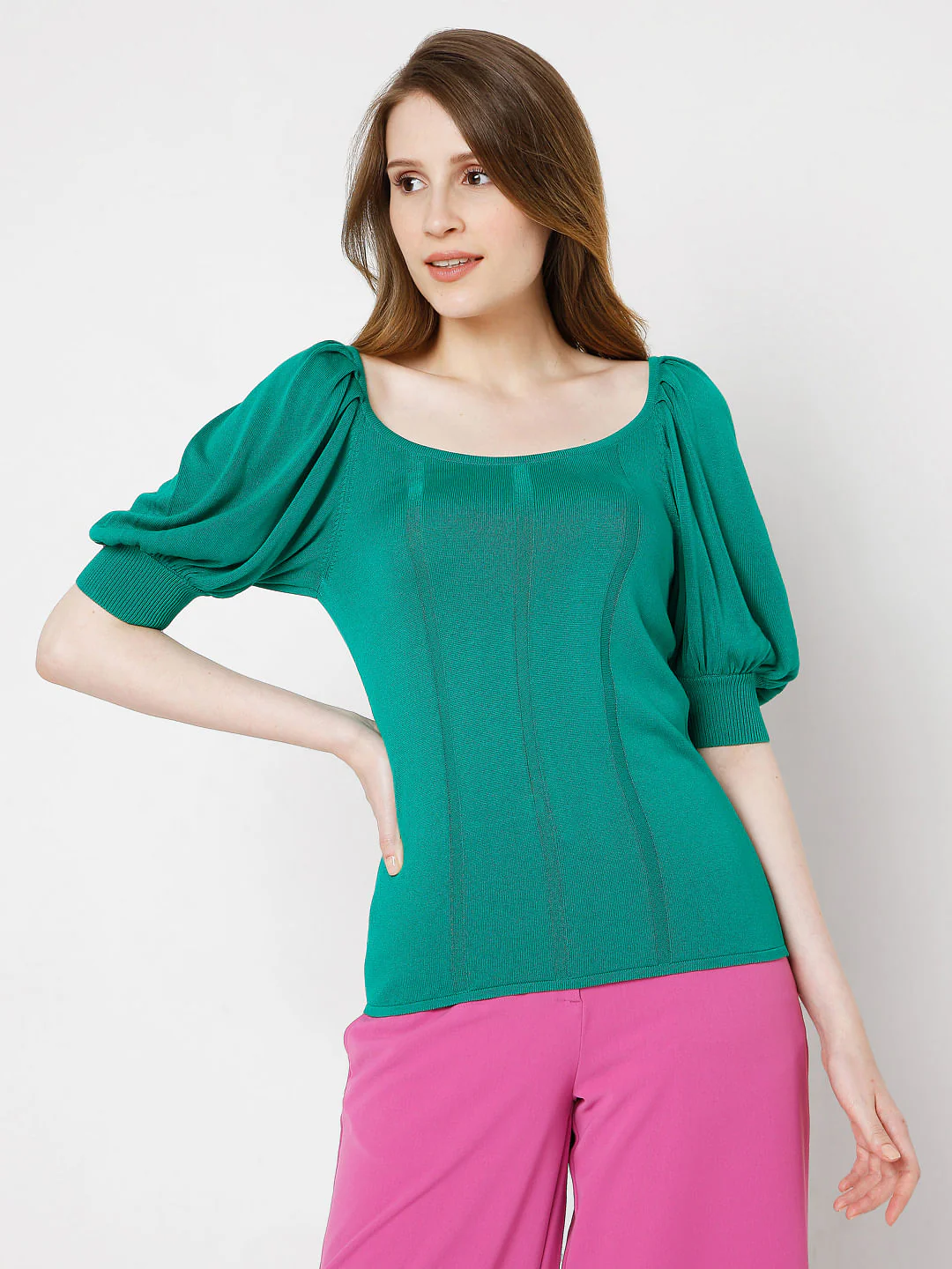Green Puff Sleeves Knit Top - Image 2