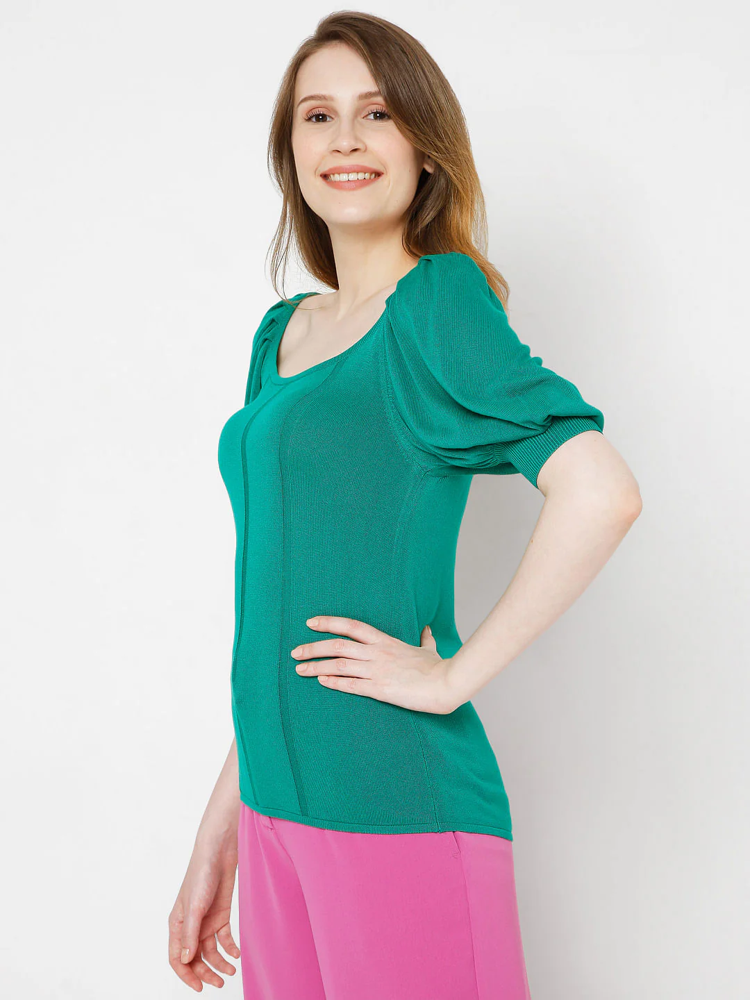 Green Puff Sleeves Knit Top - Image 3