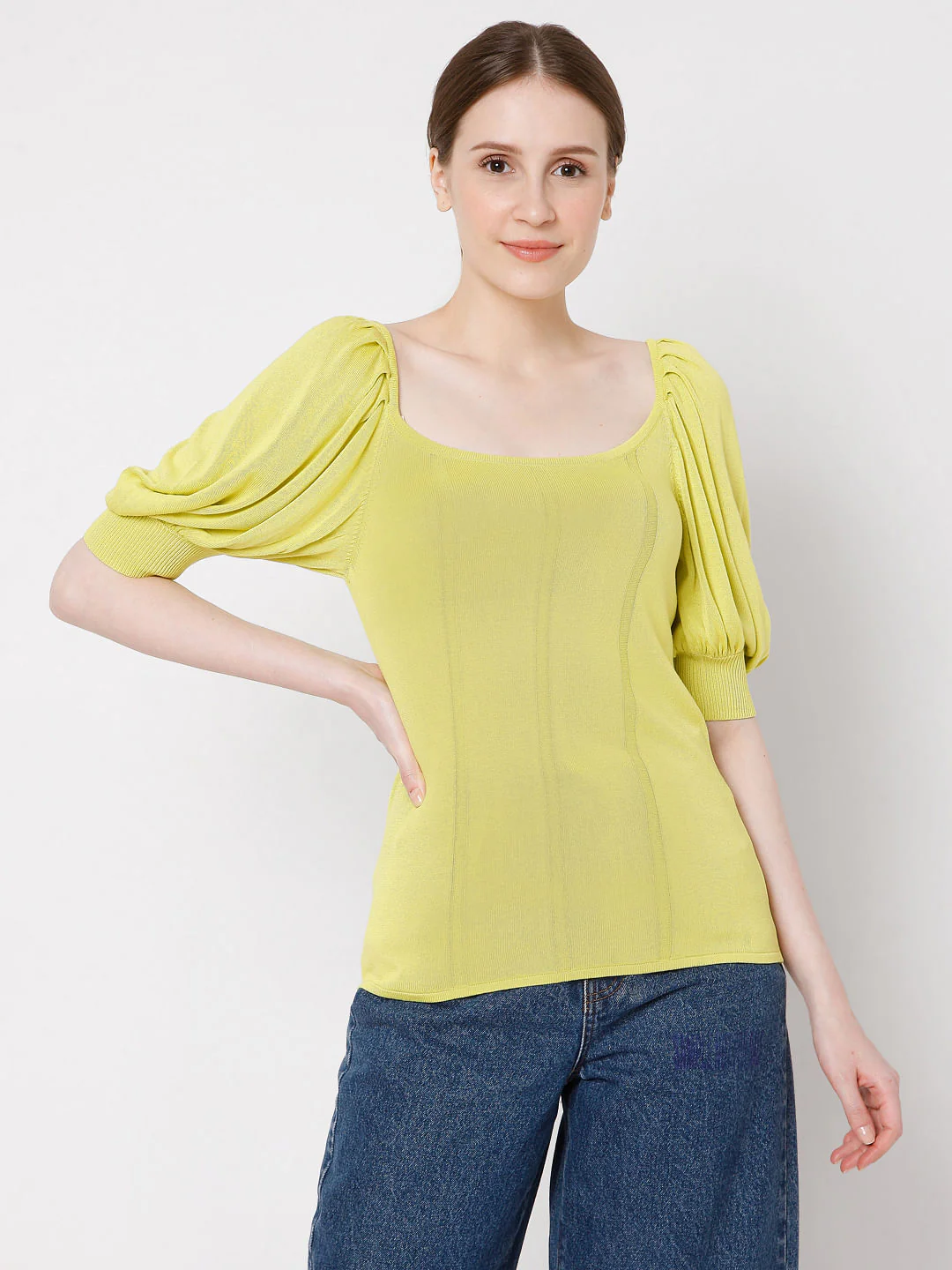 Yellow Puff Sleeves Knit Top - Image 2