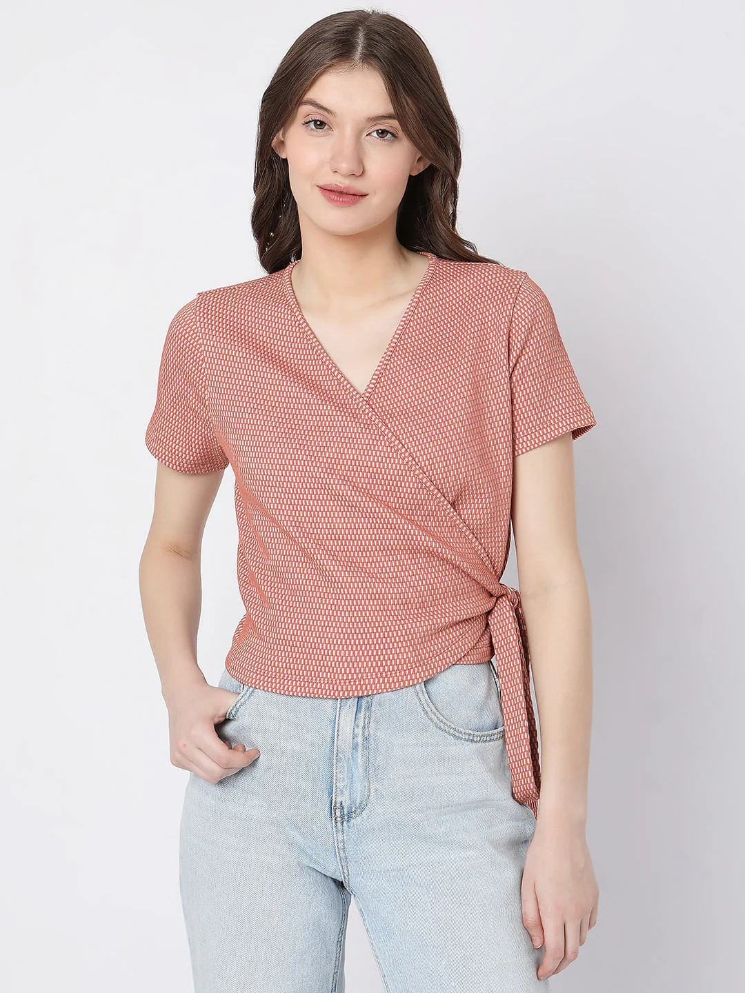 Orange Printed Wrap Top - Image 2