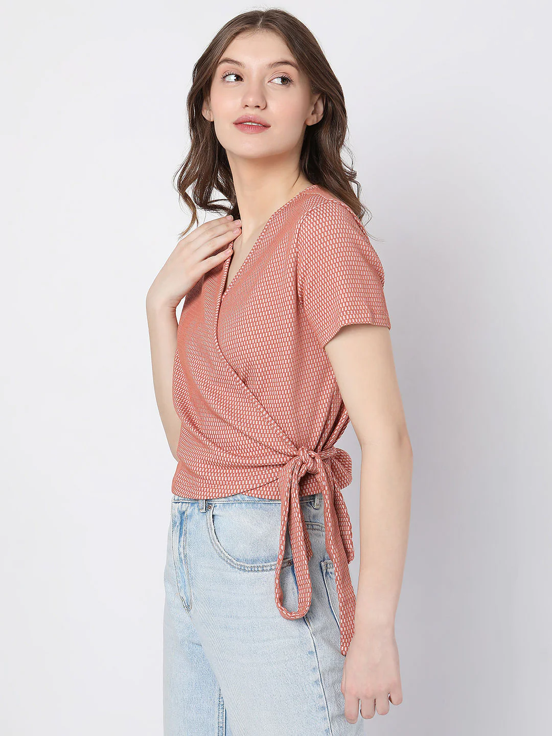 Orange Printed Wrap Top - Image 3