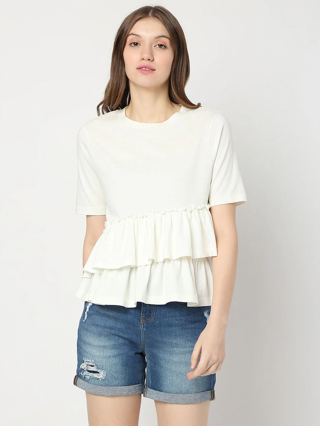 White Ruffle Detail Knit Top