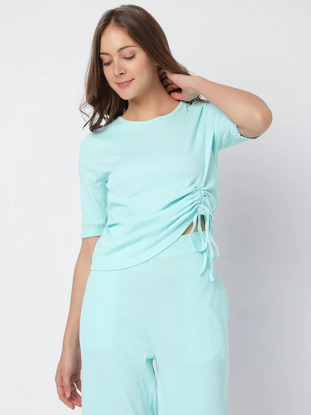 Aqua Blue Ruched Detail Co-Ord Top - Image 2