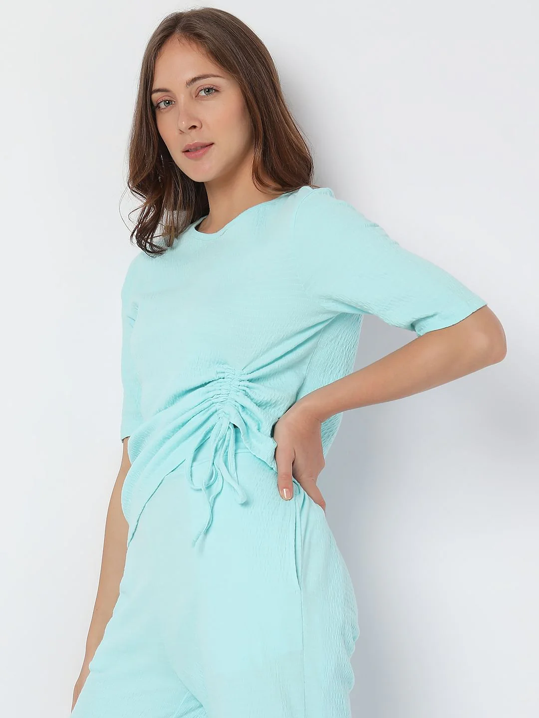 Aqua Blue Ruched Detail Co-Ord Top - Image 3