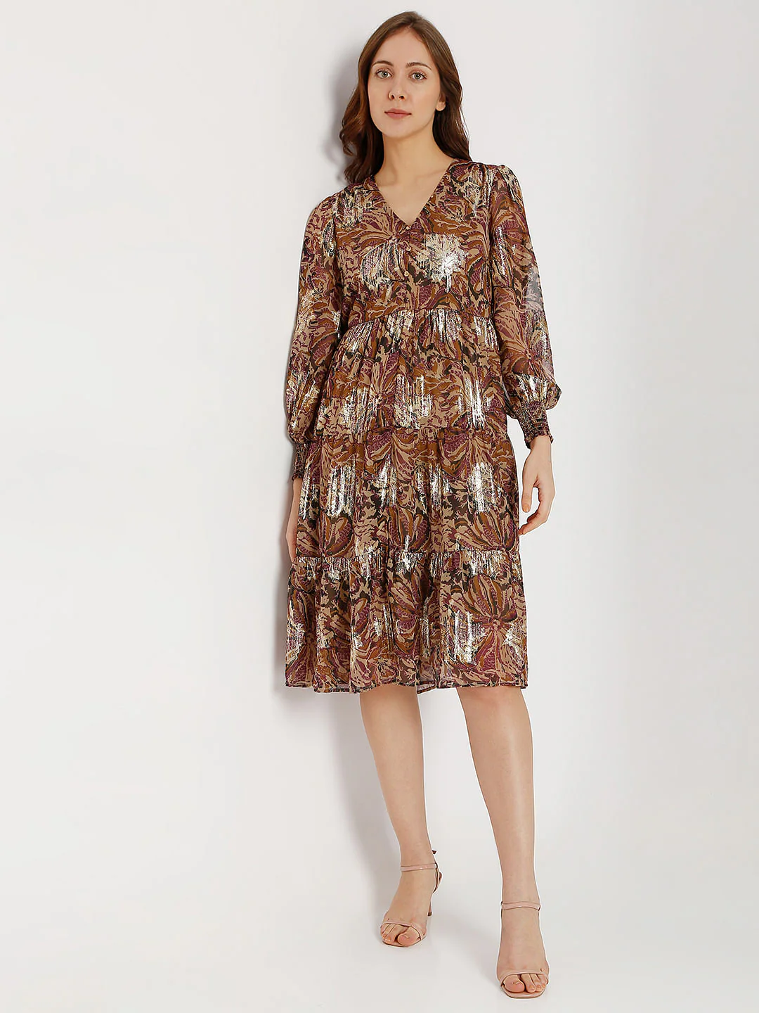 Brown Printed Tiered Shift Dress - Image 2