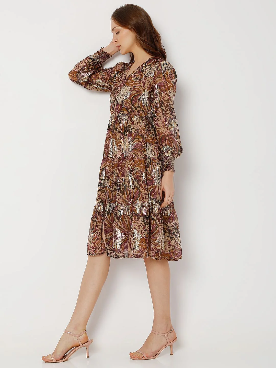 Brown Printed Tiered Shift Dress - Image 3