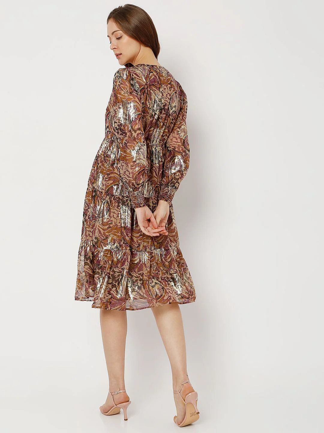 Brown Printed Tiered Shift Dress - Image 4