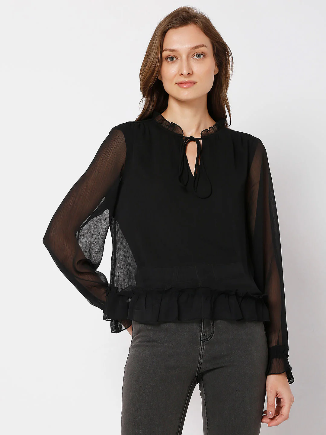 Black Ruffle Sheer Top - Image 2