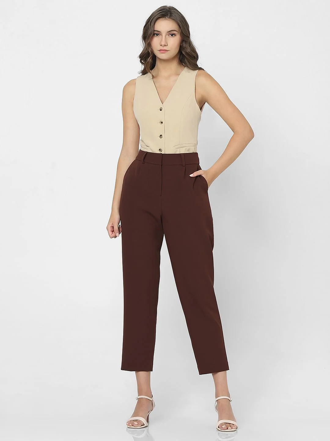 Dark Brown High Rise Tapered Fit Pants - Image 5