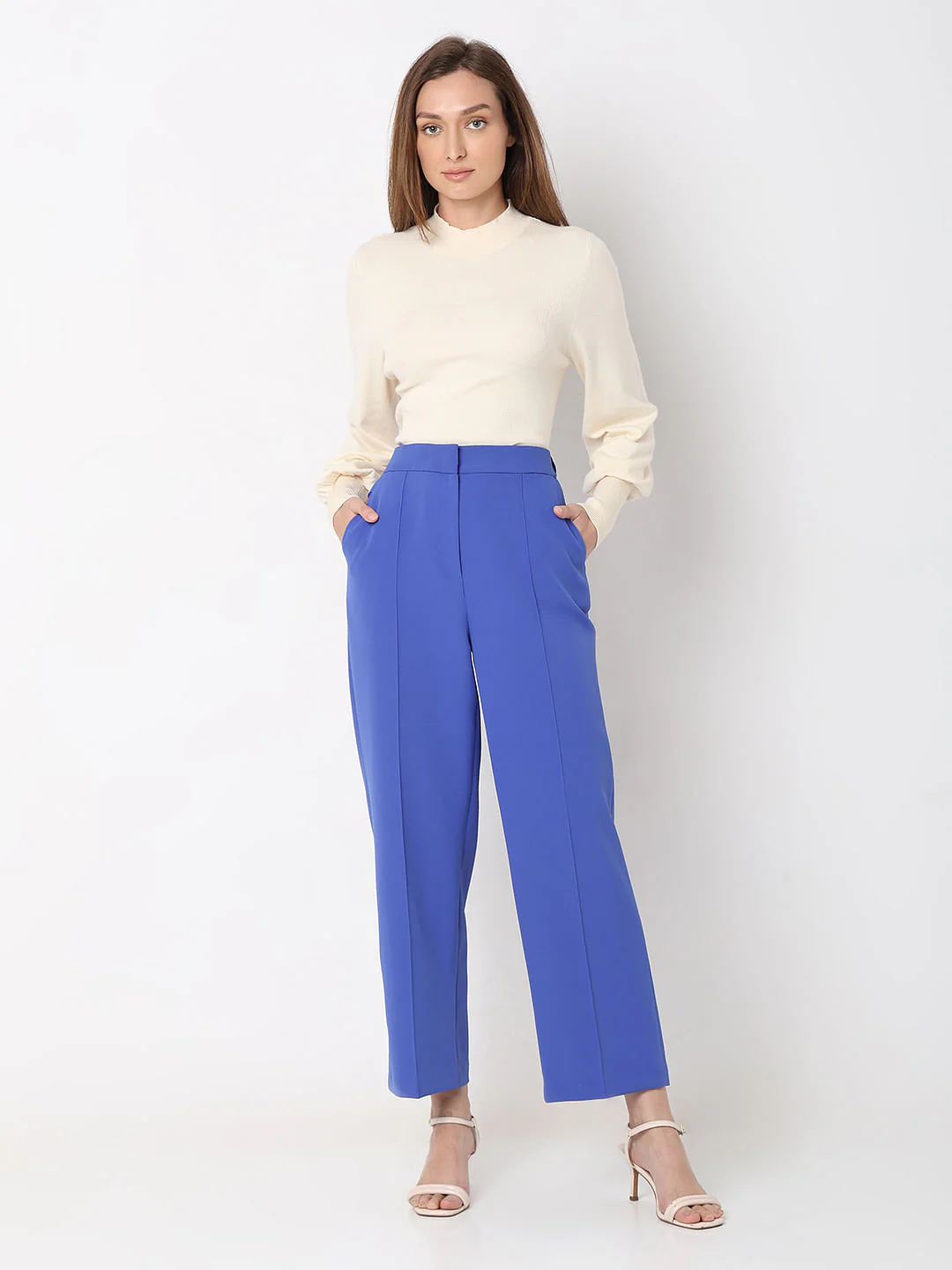 Blue High Rise Straight Fit Pants - Image 5