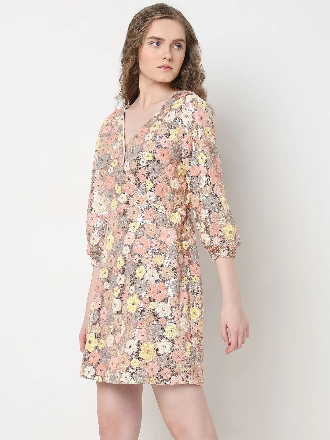 Marquee Beige Floral Sequinned Dress - Image 3