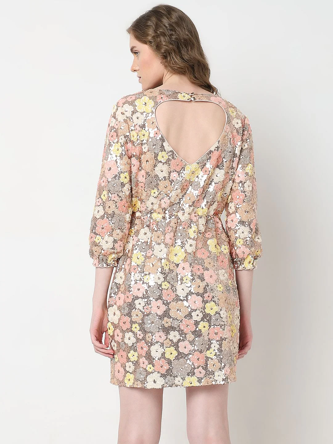 Marquee Beige Floral Sequinned Dress - Image 4