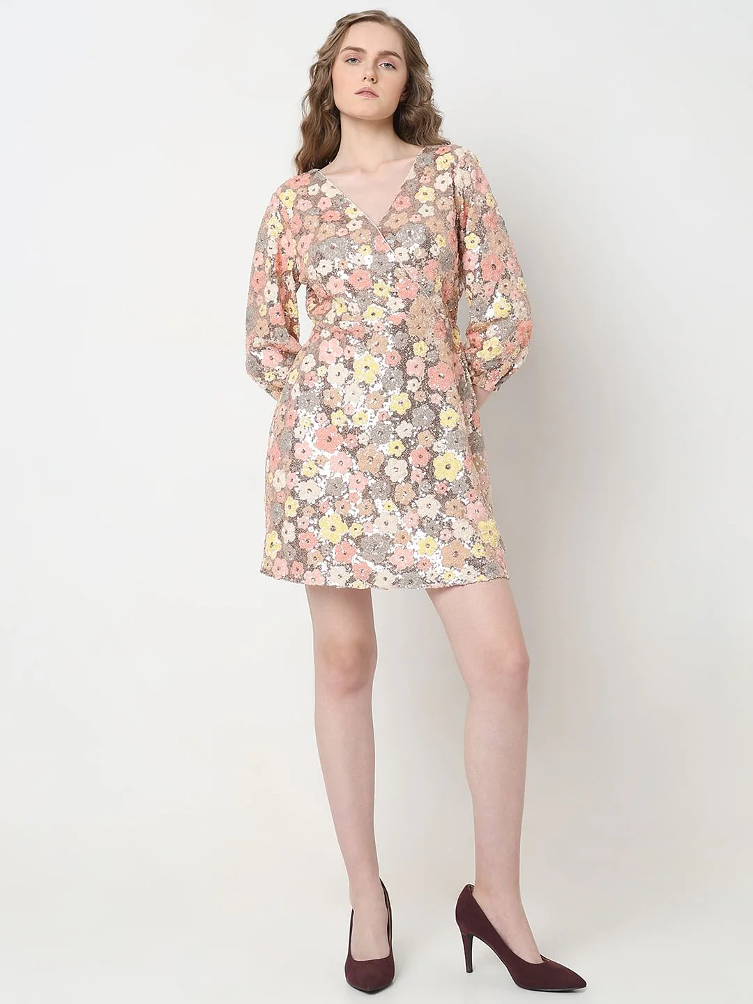 Marquee Beige Floral Sequinned Dress - Image 5