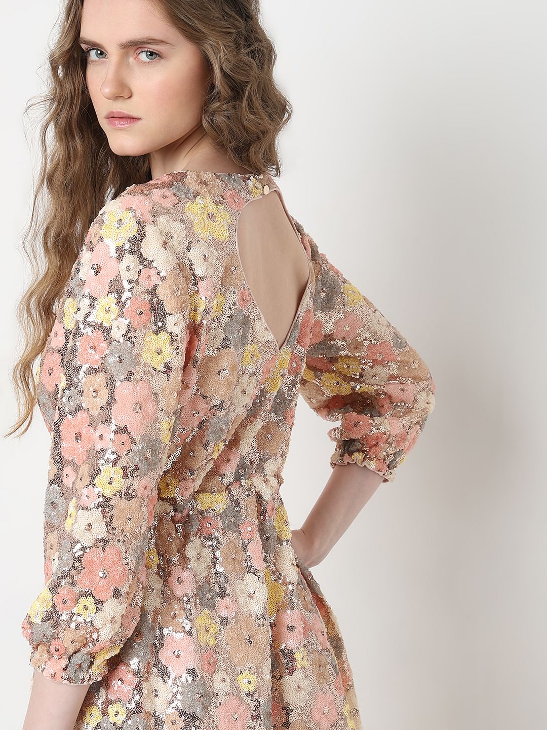 Marquee Beige Floral Sequinned Dress - Image 6