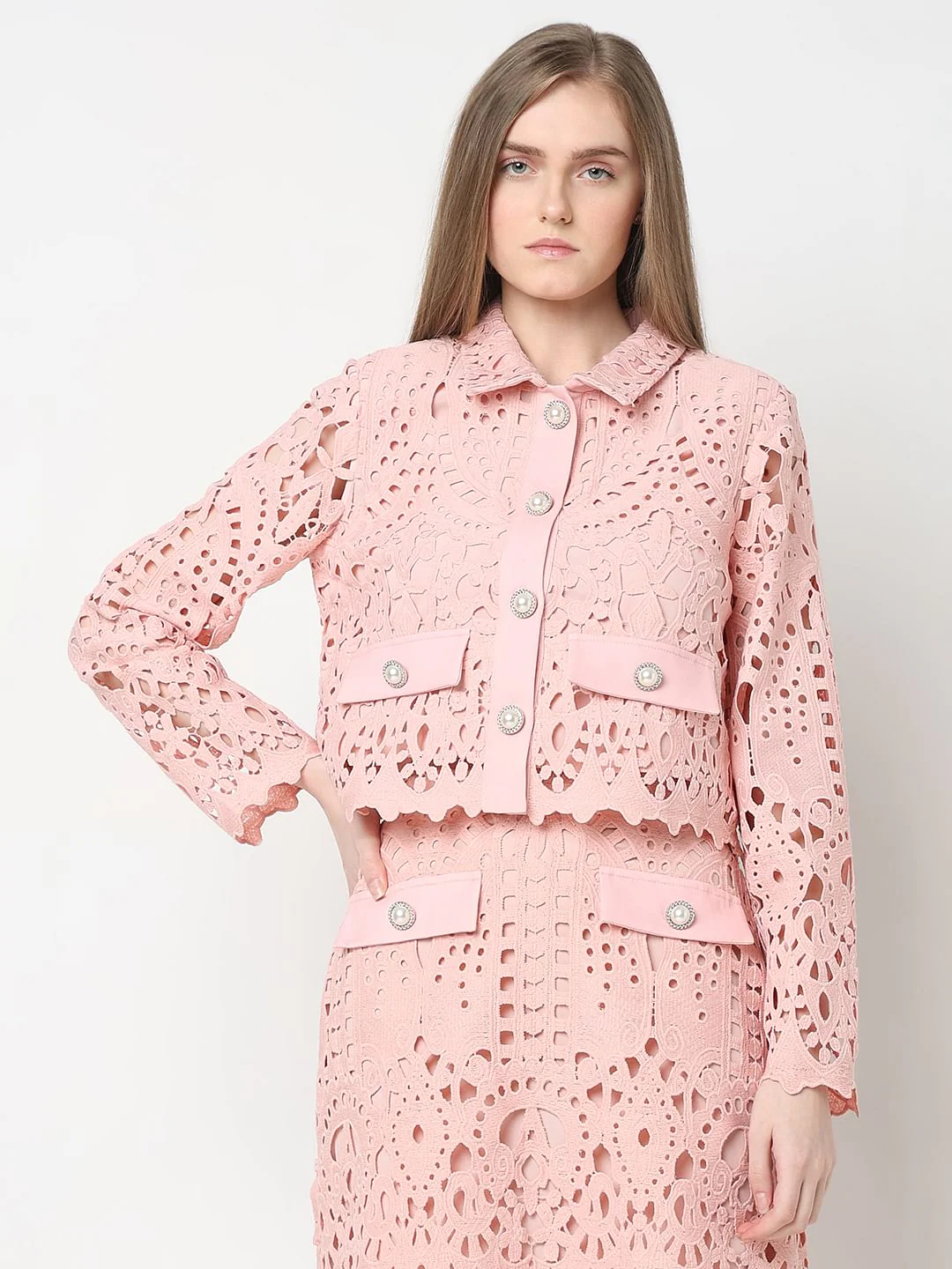 Marquee Pink Floral Lace Co-Ord Set Shirt - Image 2