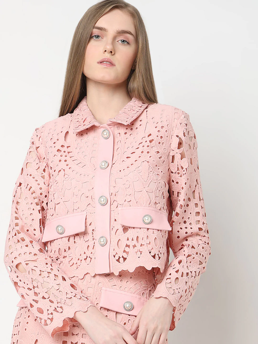 Marquee Pink Floral Lace Co-Ord Set Shirt - Image 6