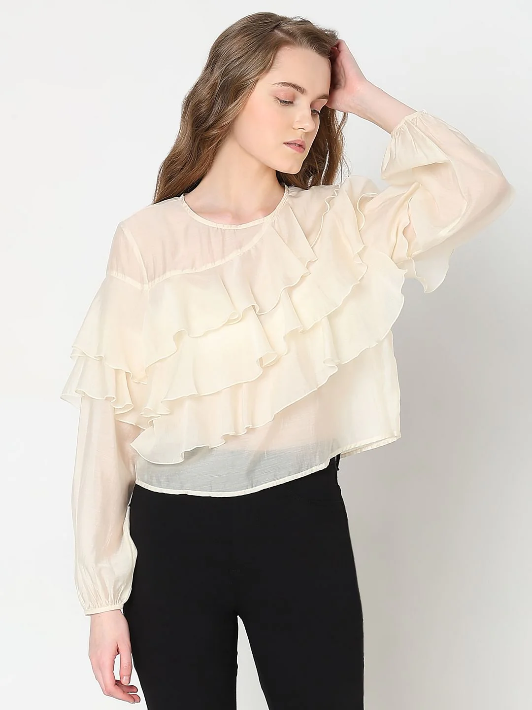 Cream Ruffle Semi Sheer Top - Image 2