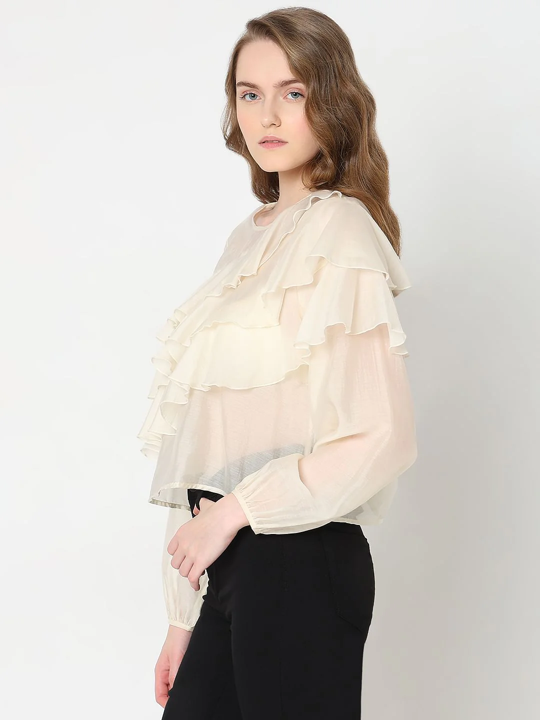 Cream Ruffle Semi Sheer Top - Image 3
