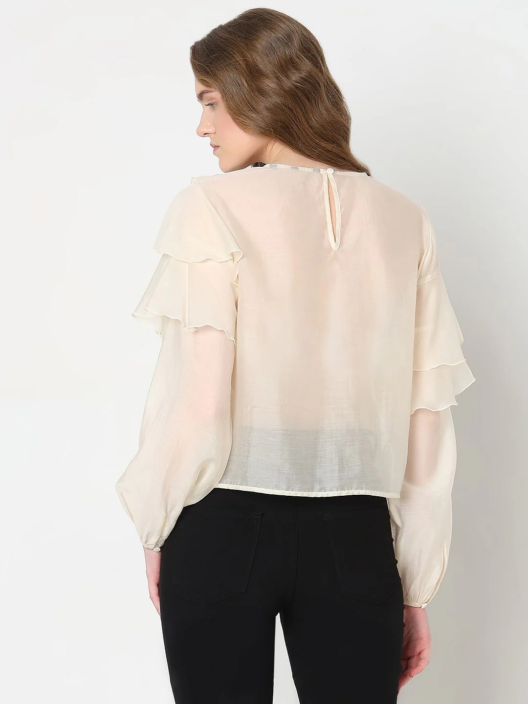 Cream Ruffle Semi Sheer Top - Image 4