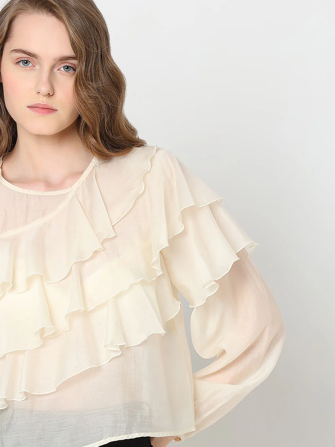Cream Ruffle Semi Sheer Top - Image 6
